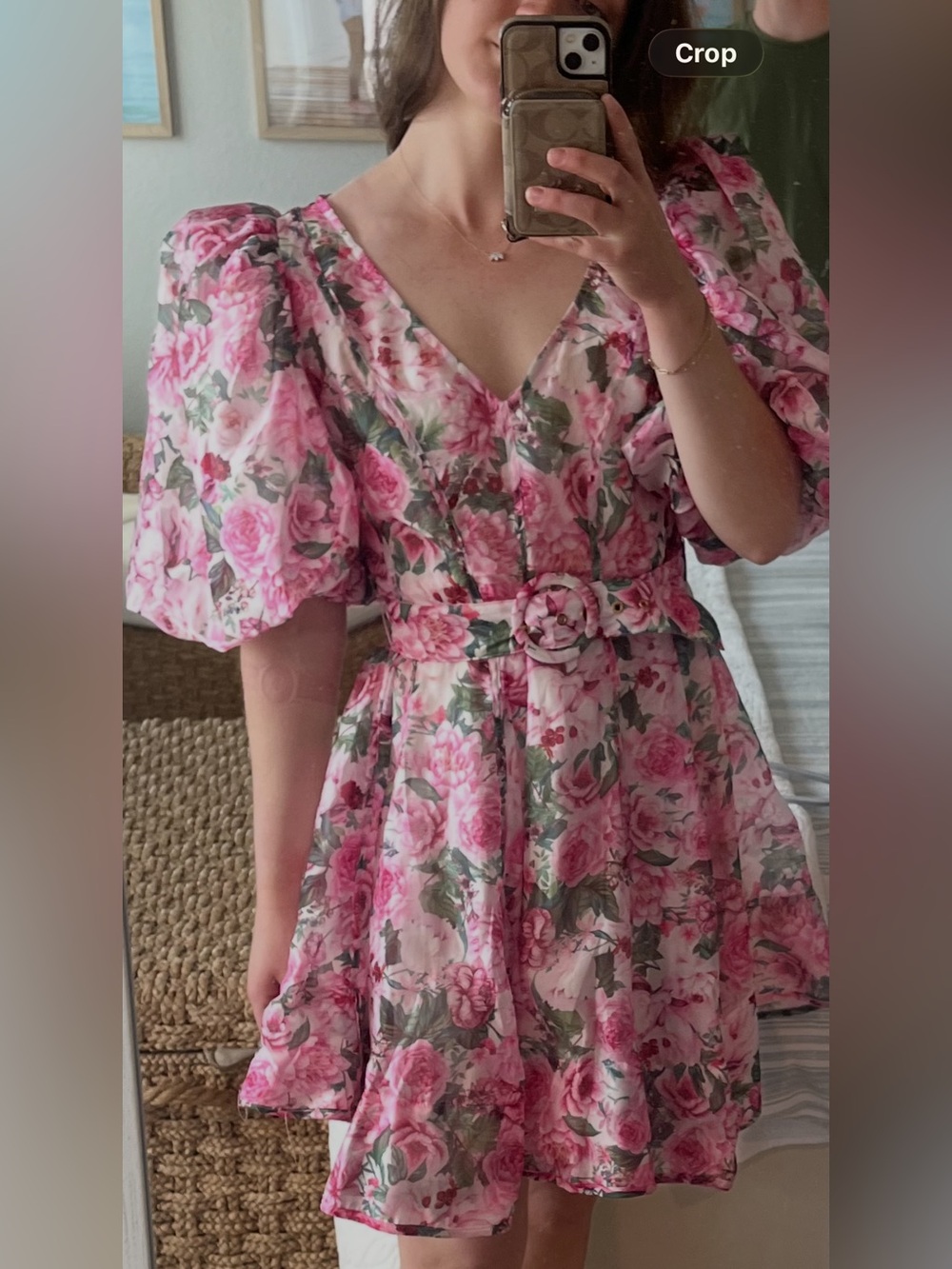 Pink Floral V-Neck Puff-Sleeve Belted Casual Dress